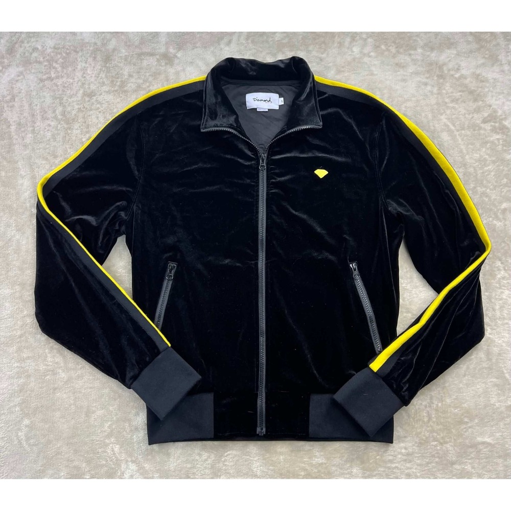 EUC Diamond Supply Co Mens Black Velour Track Jacket Yellow Stripe Size Small